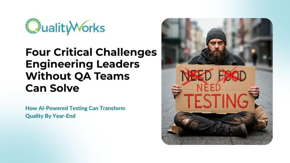 Engineering professional holding sign that reads 'NEED TESTING' instead of 'NEED FOOD', illustrating the critical need for QA testing in software development