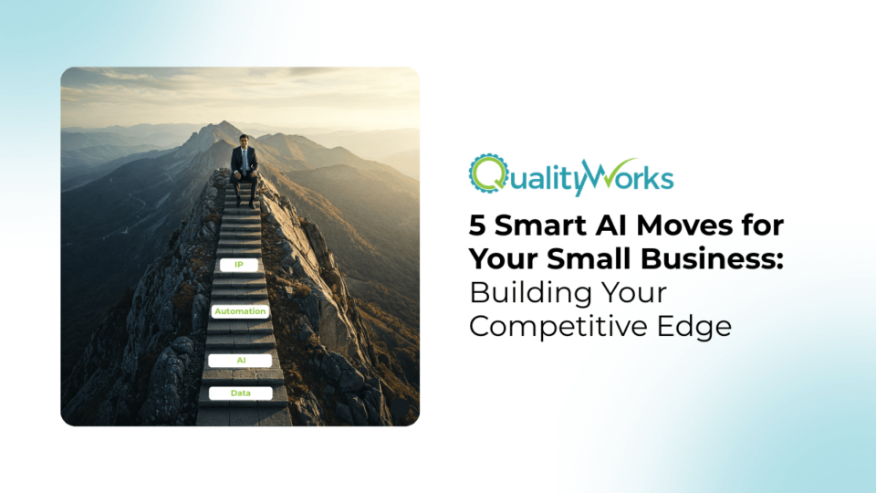 Business person climbing steps labeled Automation, ML, AI, and Data - representing the strategic path to AI implementation for small businesses