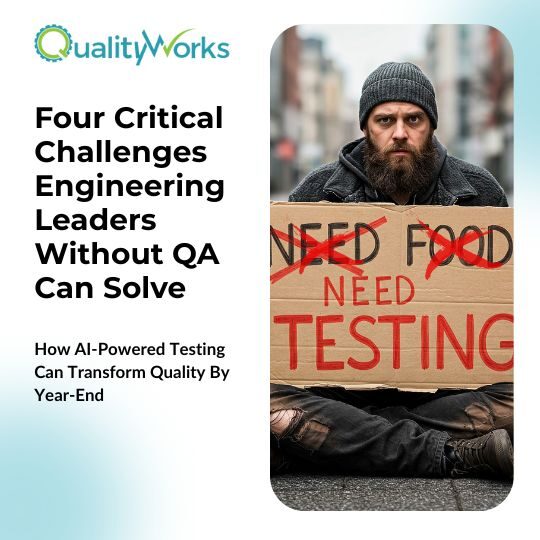 Engineering professional holding sign that reads 'NEED TESTING' instead of 'NEED FOOD', illustrating the critical need for QA testing in software development